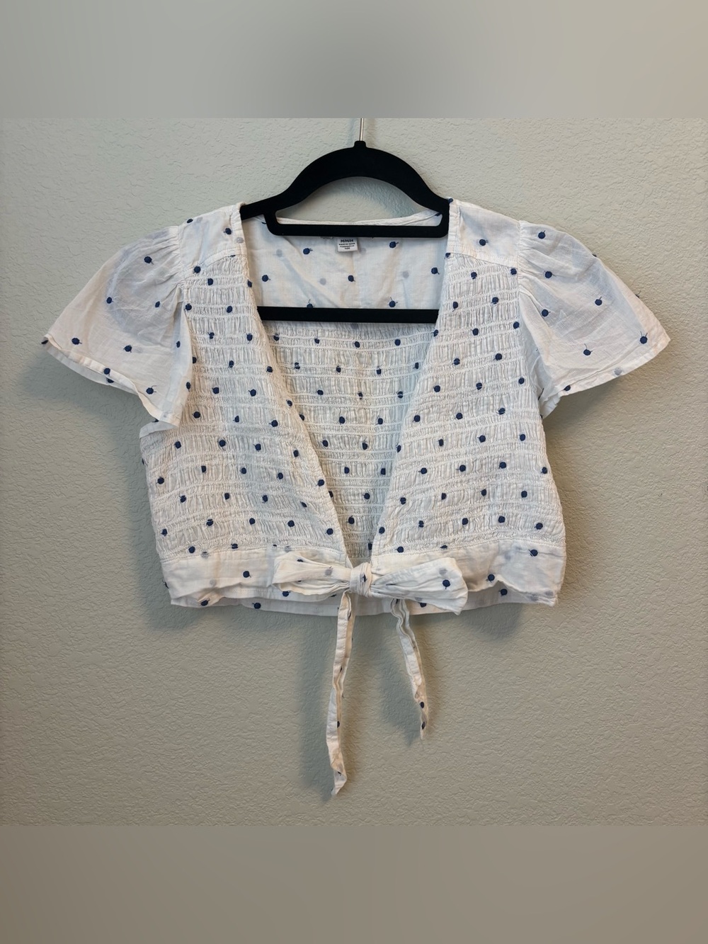 American Eagle Smocked Tie Front Polka Dot Flutter Sleeve Top